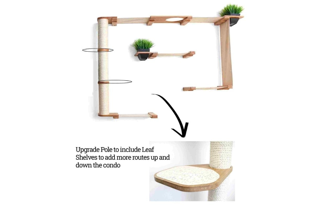 cat condo with pole shelves and plants