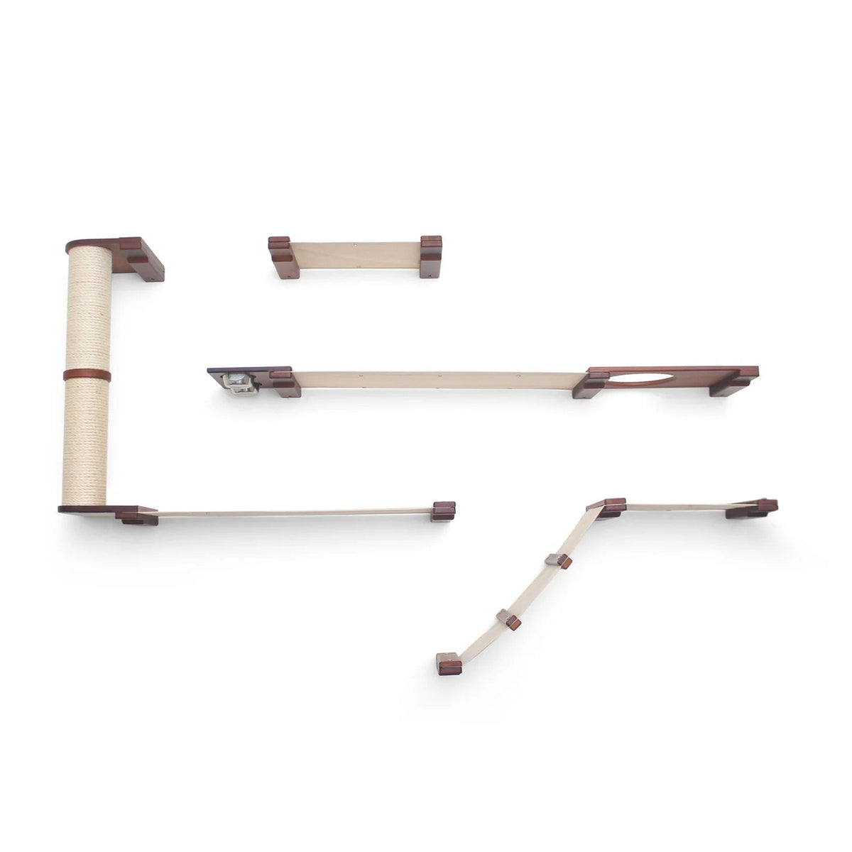 Set of cat shelves and scratching posts on a white background