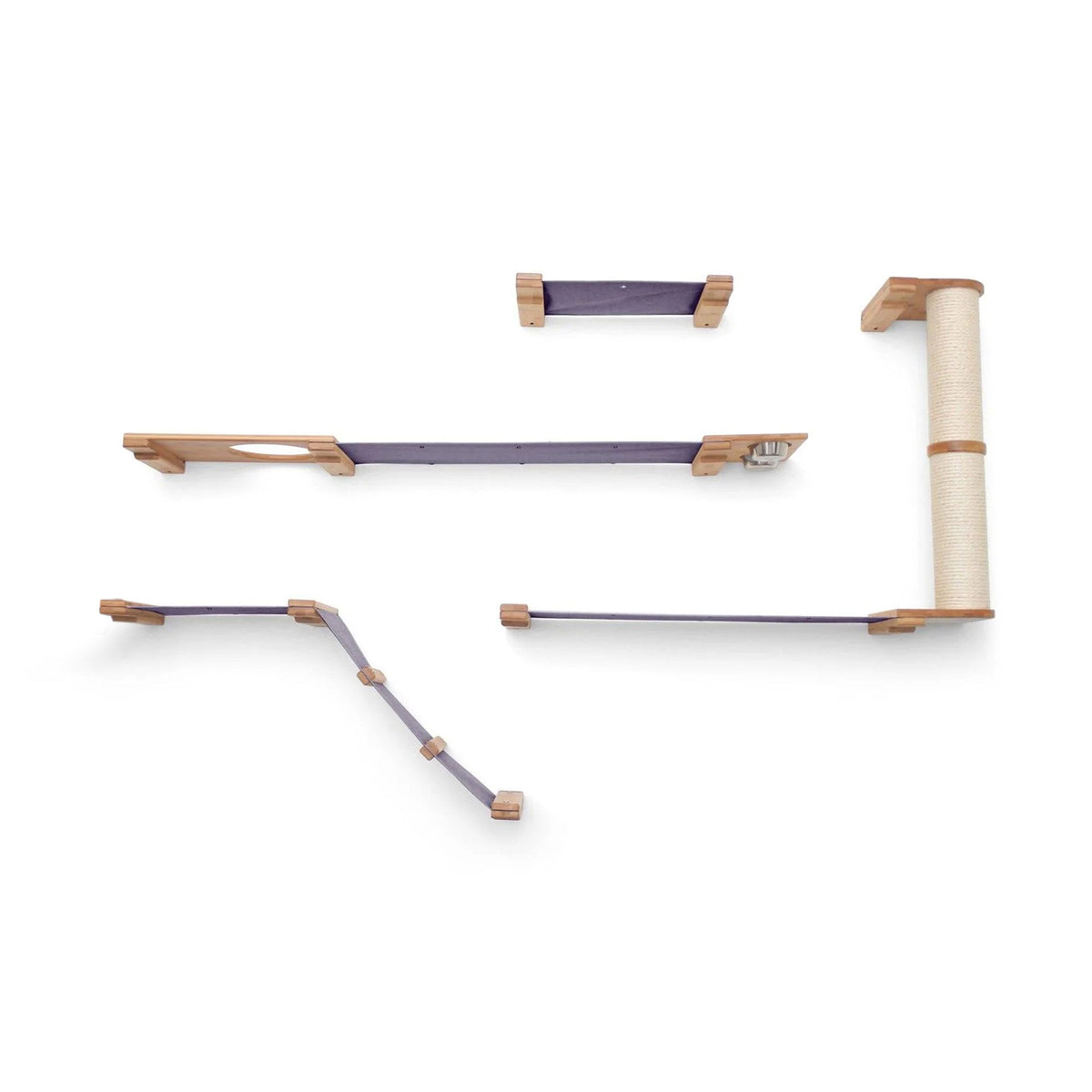 Set of wooden cat shelves, hammocks and scratching pole on a white background