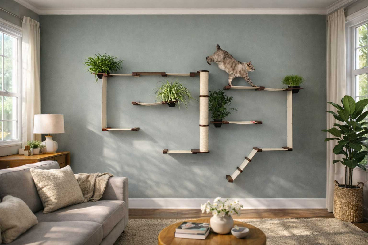 cat climbing on a large cat condo with cat safe plants