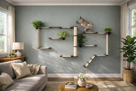 cat climbing on a large cat condo with cat safe plants