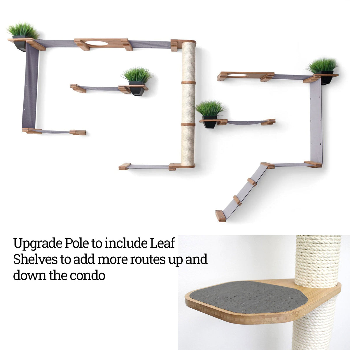 cat condo with pole shelves and plants