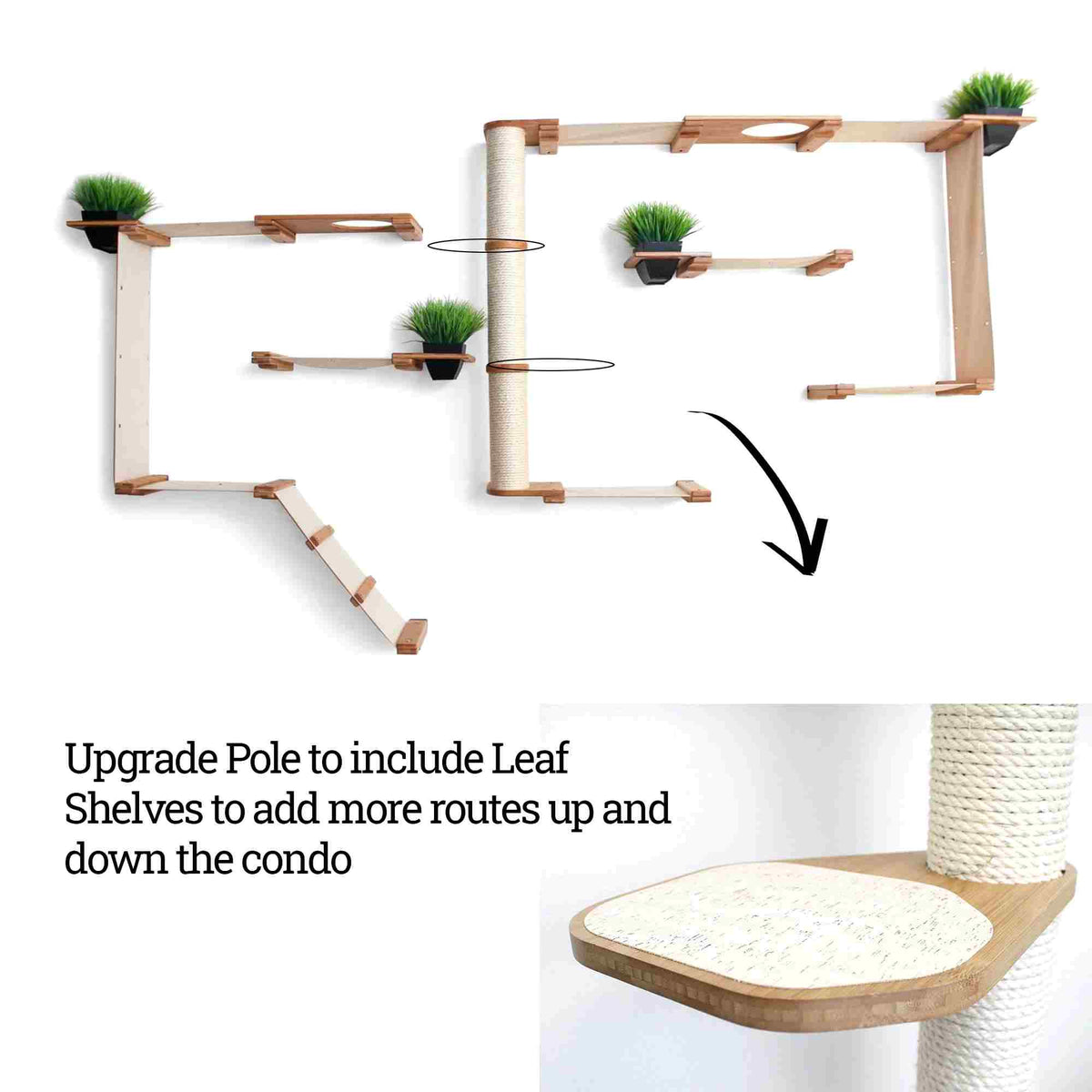 cat condo with pole shelves and plants