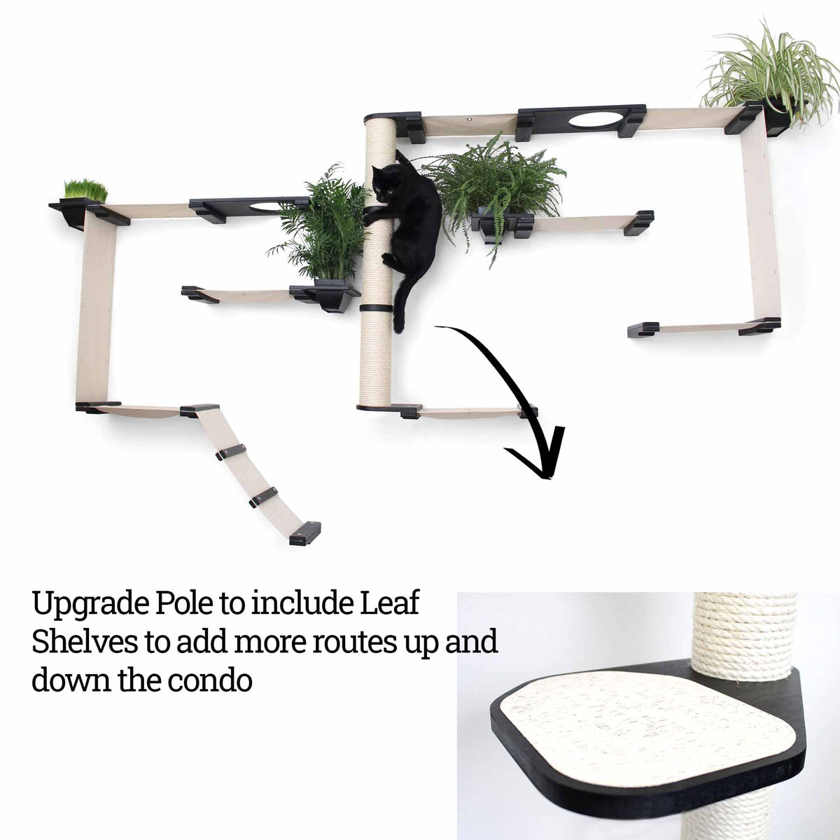 cat condo with pole shelves and plants