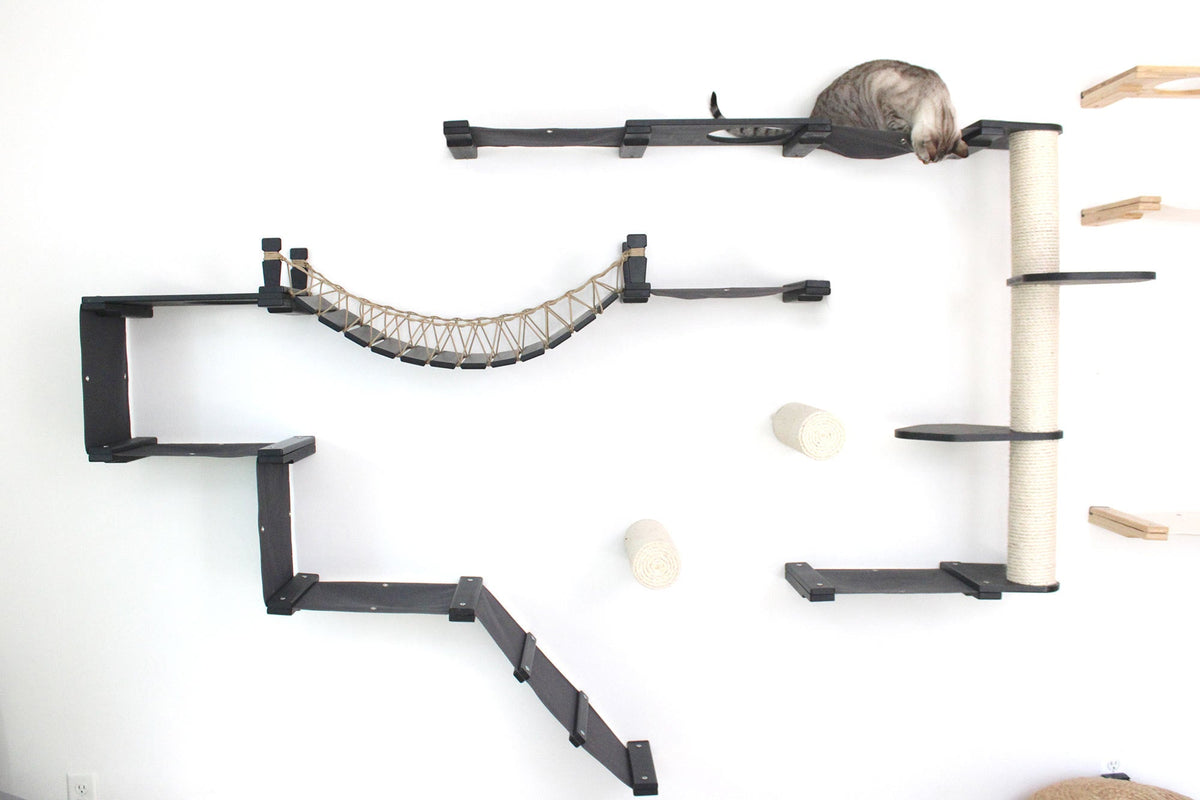 Cat play structure with shelves, a hammock, and climbing features on a white background