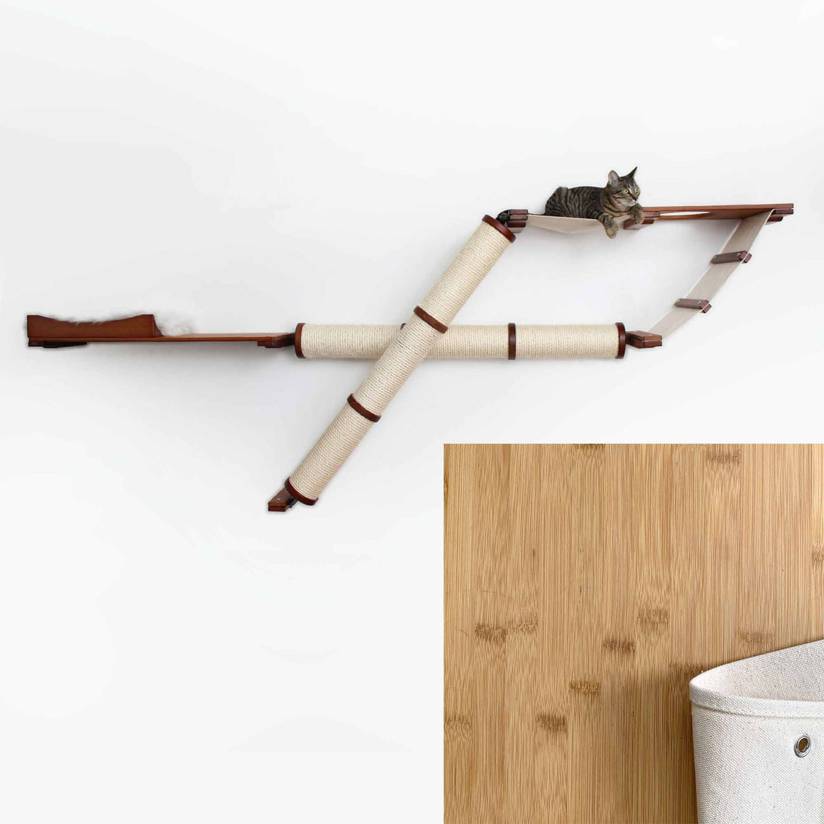 Swatch of Natural Bamboo and Natural Canvas shown with a cat lounging on an English Chestnut Bamboo Plateau Cat Condo