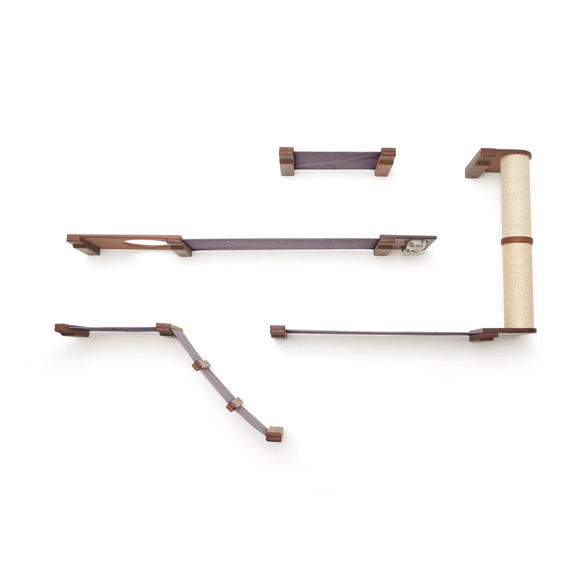 Set of wooden shelves and a scratching pole on a white background