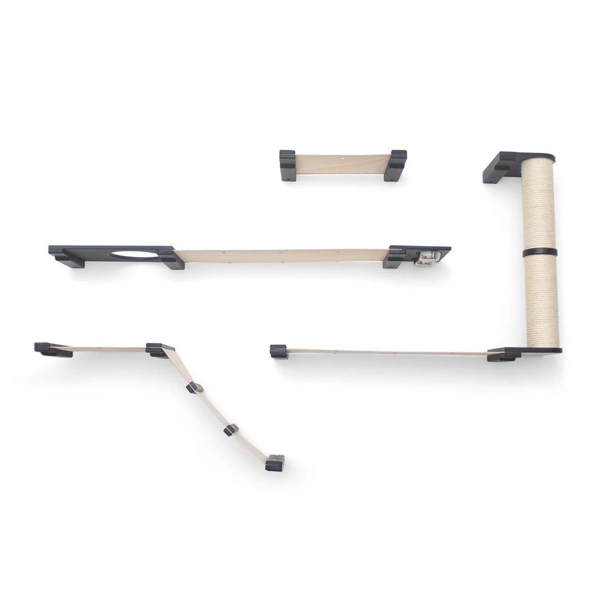 Set of cat shelves and a cylindrical climbing post on a white background