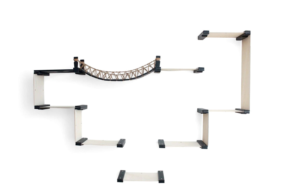 Set of wall-mounted shelves with a hammock-like structure on a white background