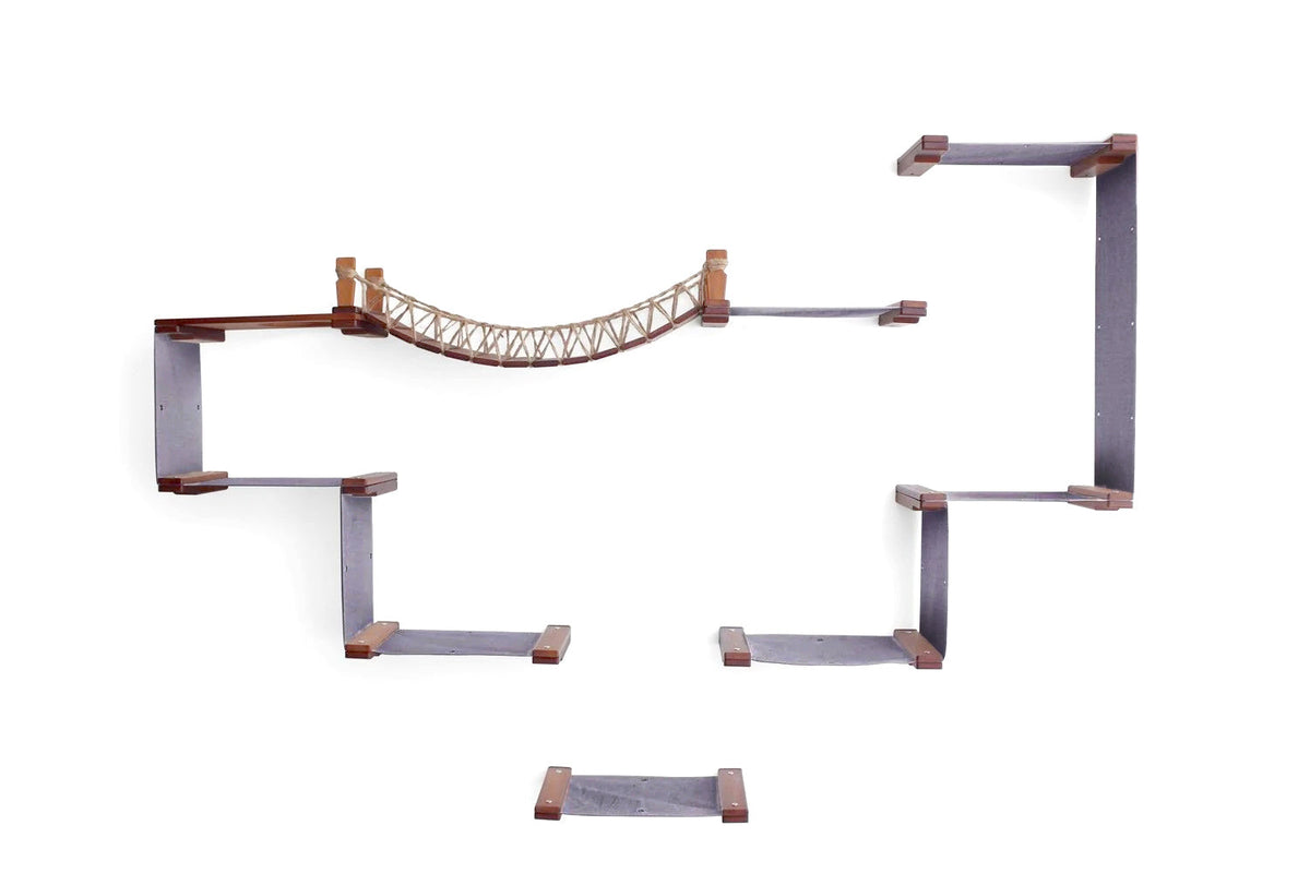Wall-mounted cat shelf with a bridge design on a white background