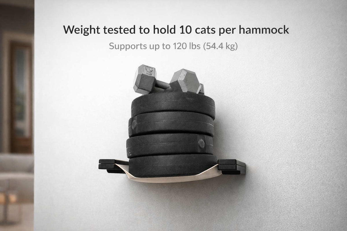Cat hammock with weight testing information on a light gray background